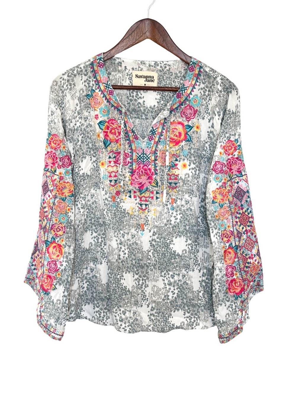 Savanna Jane White & Gray Embroidered Floral Peasant Top - Pink Accent